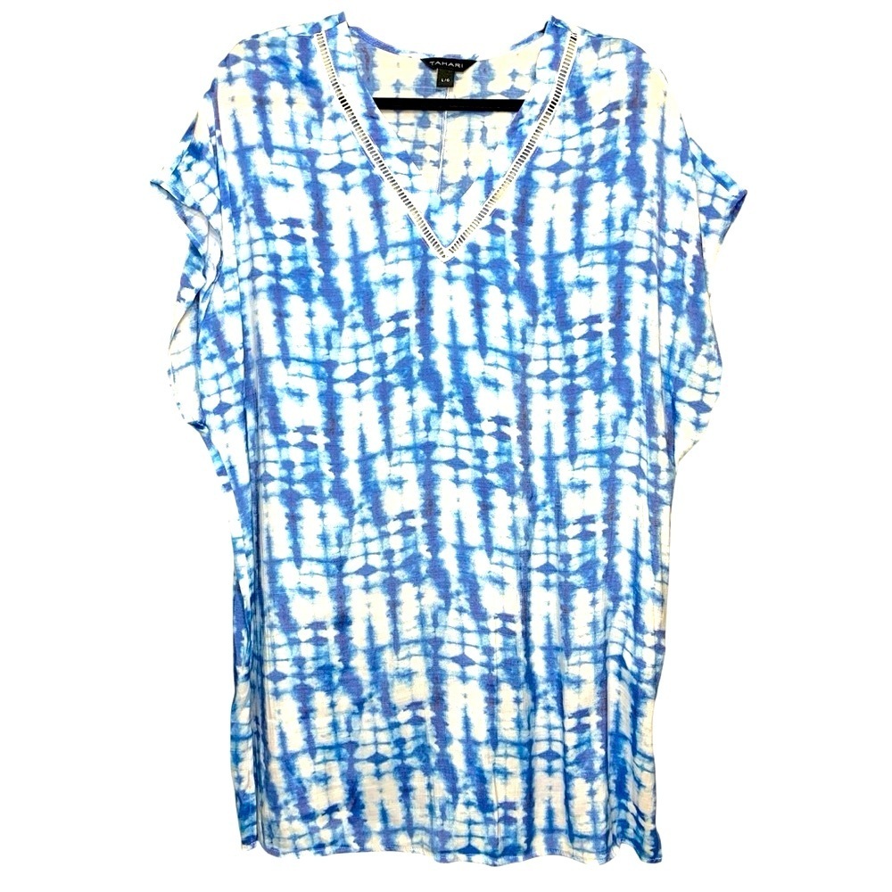 Tahari Swim Cover Up Tie-Dye Blue White Tunic Top Sz L Beach Pool Resorts